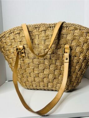 Woven Straw Tote Bag with Tan Leather Straps
